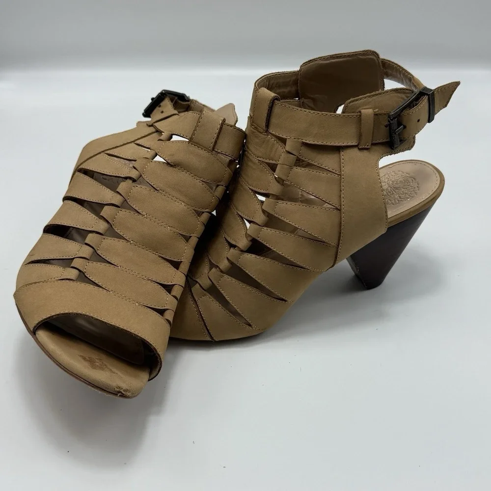 Vince Camuto Womens 9‎ Suede Leather Peep Toe Shoes High Heel Block Buckle Strap